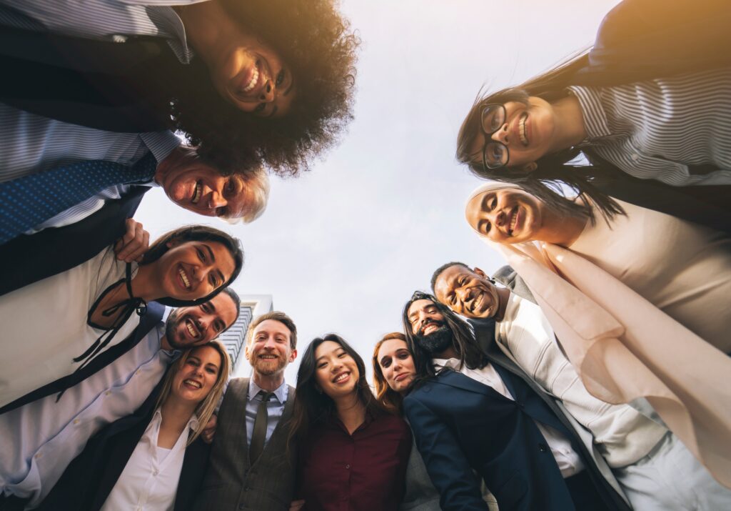bottom view diverse multiracial coworkers of different ages