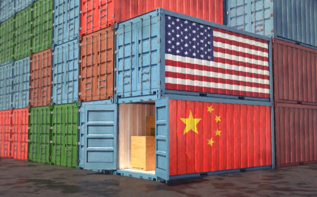 stacks of freight containers usa and china flag